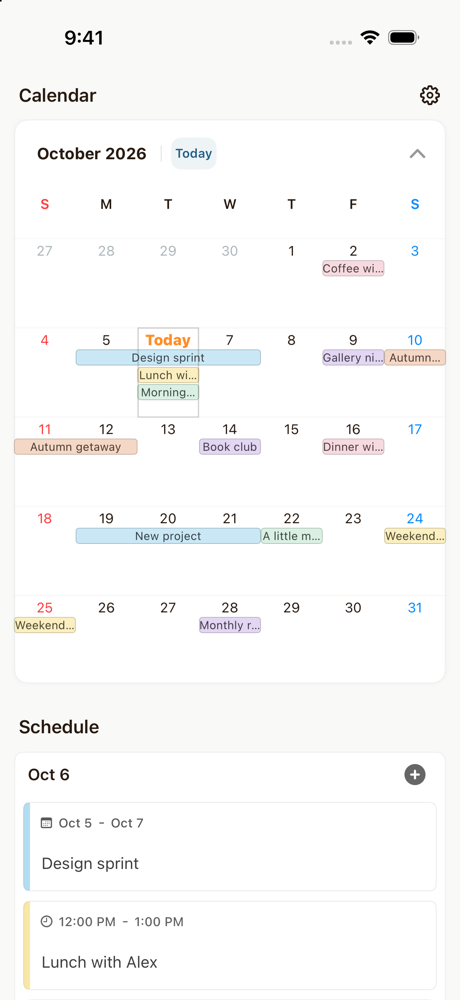 Plander의 실제 iOS 화면. 월간 캘린더에 색상별 일정이 표시되고 아래에 선택한 날의 일정 목록이 이어집니다.